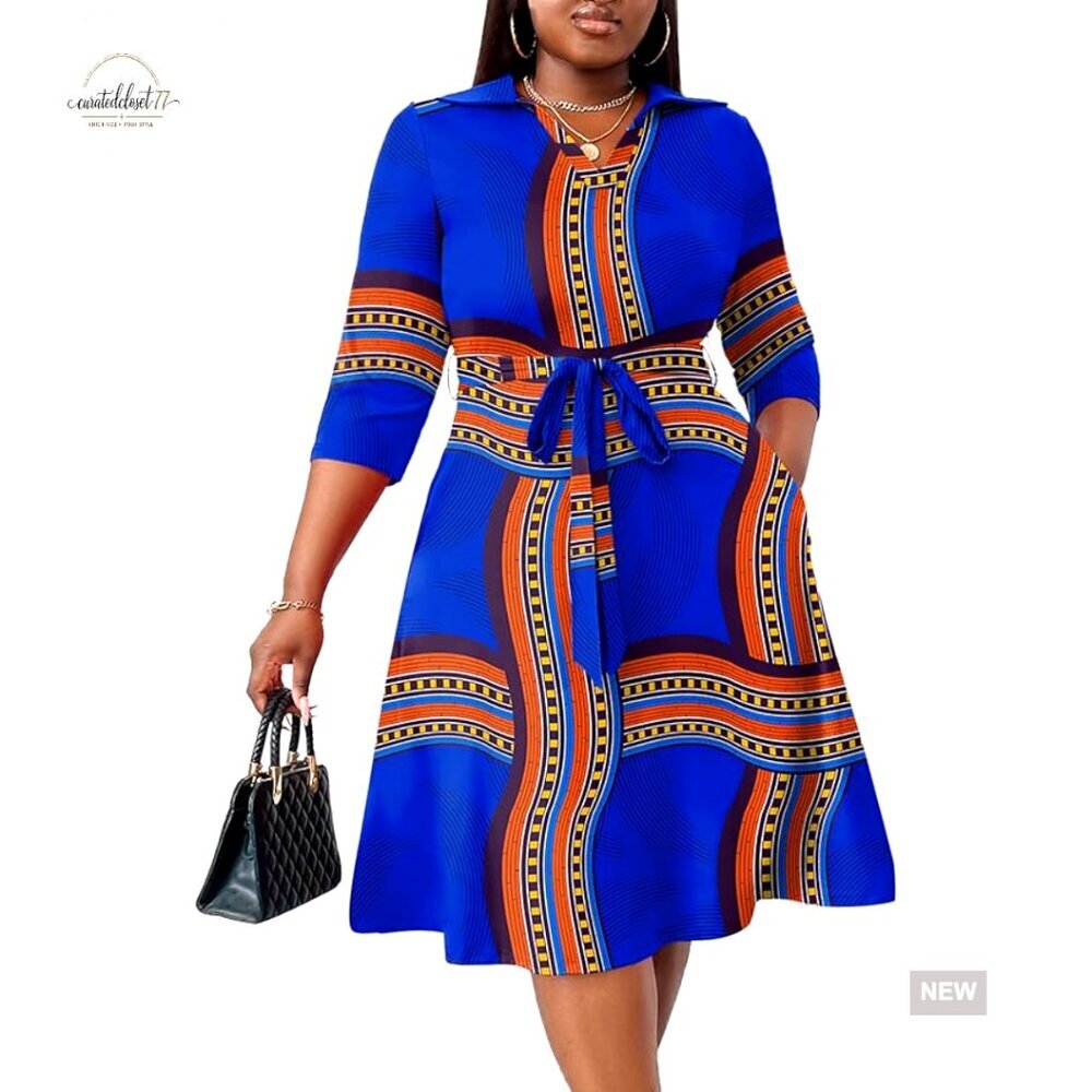 Plus Size Midi Dress 3/4 Sleeve V Neck with Pockets and Belt for Wedding Guest